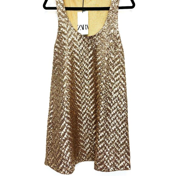 Zara Dresses & Skirts - Zara Gold Sequin Sleeveless Mini Dress Scoopneck Size Small